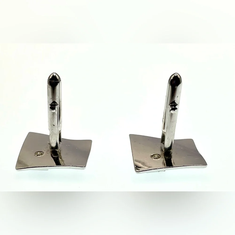 Vintage Signed Swank Textured Curvy Silver Tone Square Black Glass Cufflinks